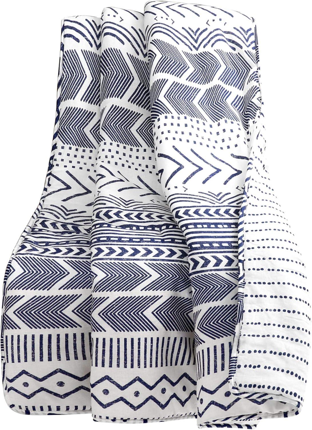 Navy and White Cotton Geometric Reversible Throw Blanket