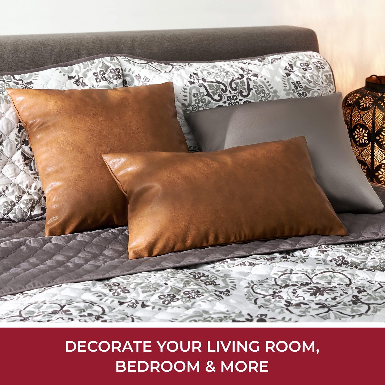 Mellanni 100% Faux Leather Throw Pillow Covers, Pillowcases with Invisible Zippered Closure, 18x18, Brown, 2 Count