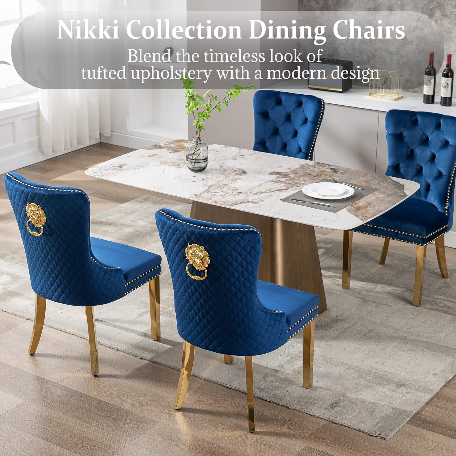 Velvet Upholstered Dining Chairs, Set of 2, Dining Room Tufted Chair, Modern Button Tufted Armless Chairs with Nailhead Trim and Back Ring Pull, Gold Legs, for Dining Room, Kitchen, Navy