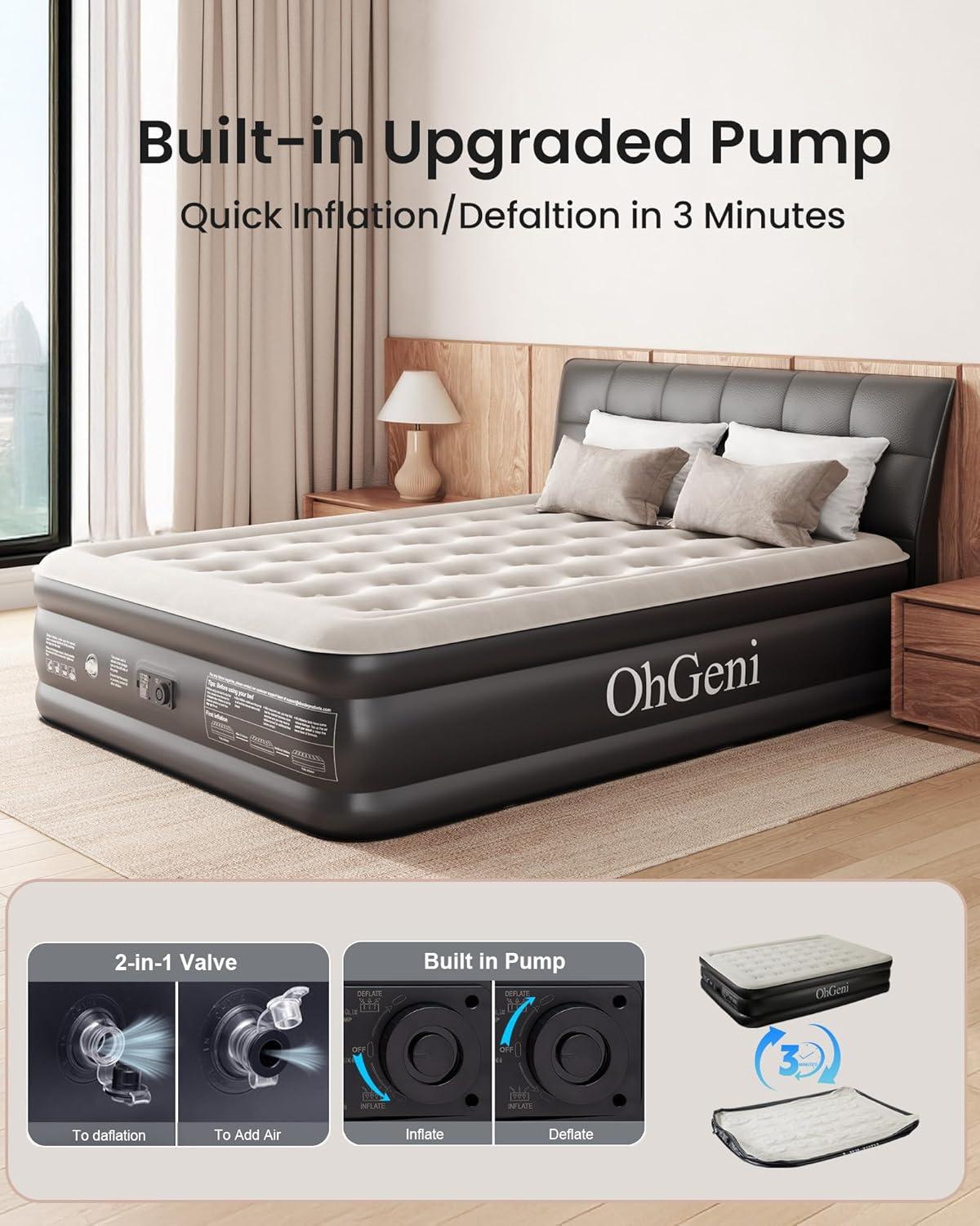 OhGeni Queen Raised Black PVC Air Mattress with Pump