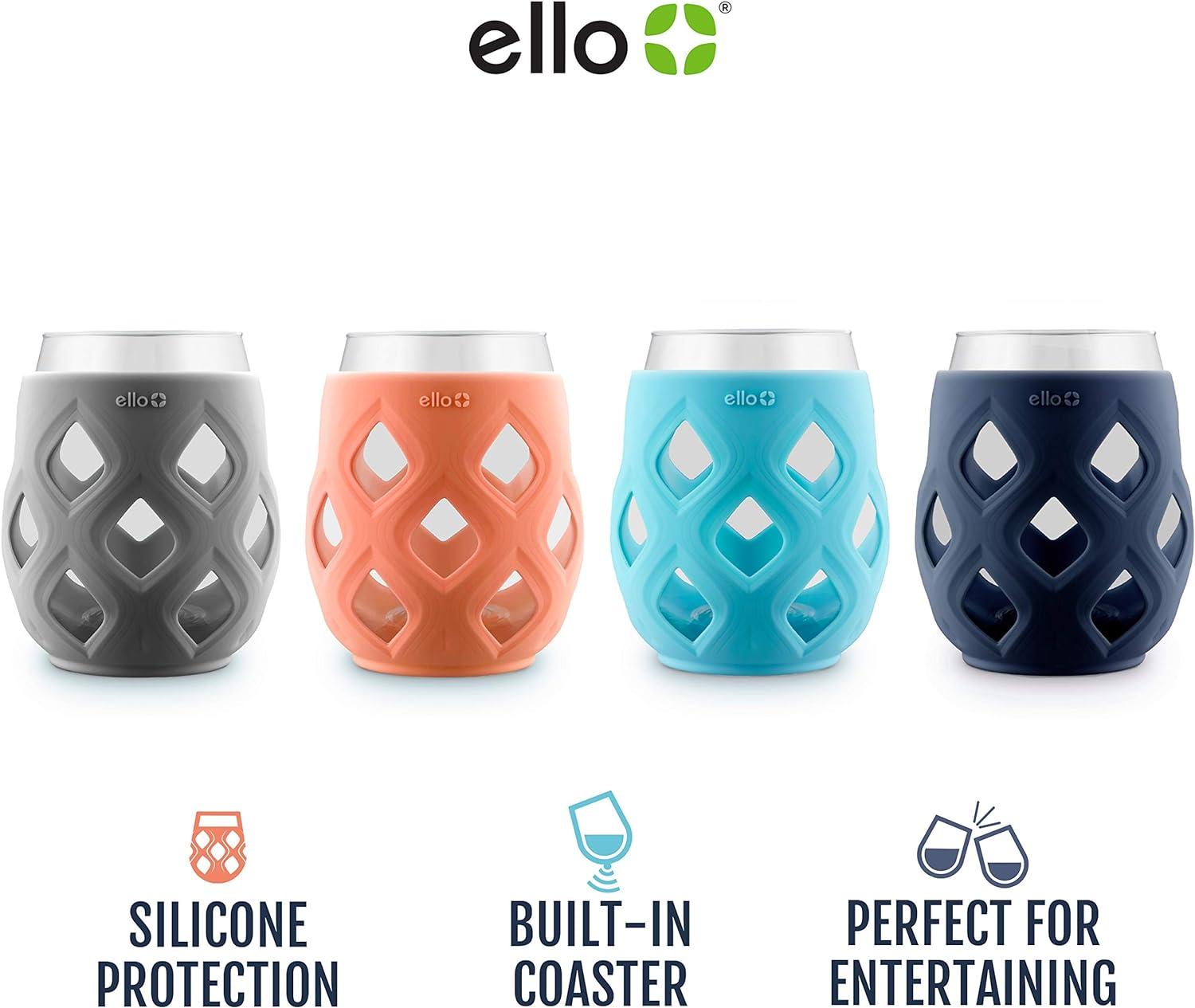 Ello Cru Stemless Wine Glass Set with Silicone Protection, 4 Pack, Paloma