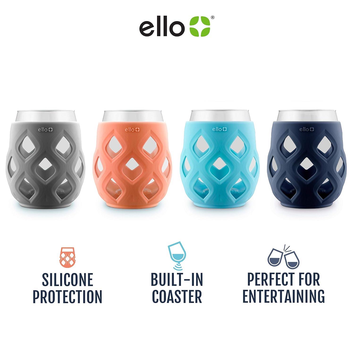 Ello Cru Stemless Wine Glass Set with Silicone Protection, 4 Pack, Paloma