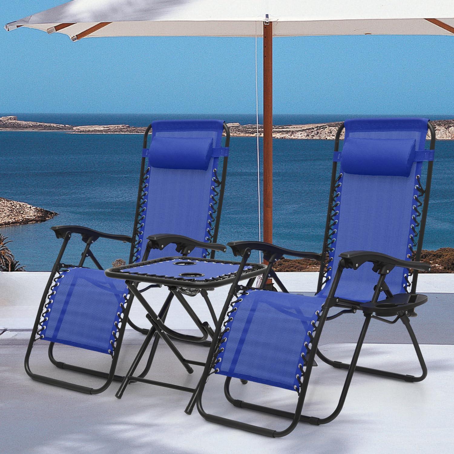 MoNiBloom Lounge Beach Chairs Set of 3 for Outside, Zero Gravity Camping Chairs with Side Table, Pillow and Tray, Blue