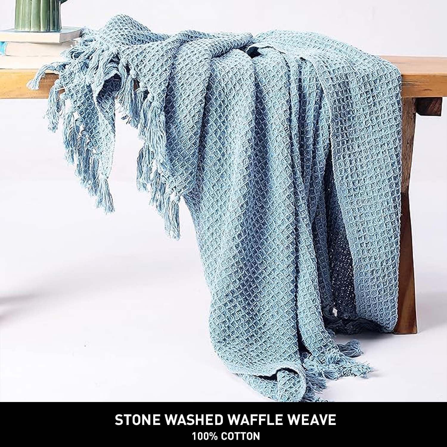 Stonewash Blue Cotton Waffle Weave Throw Blanket