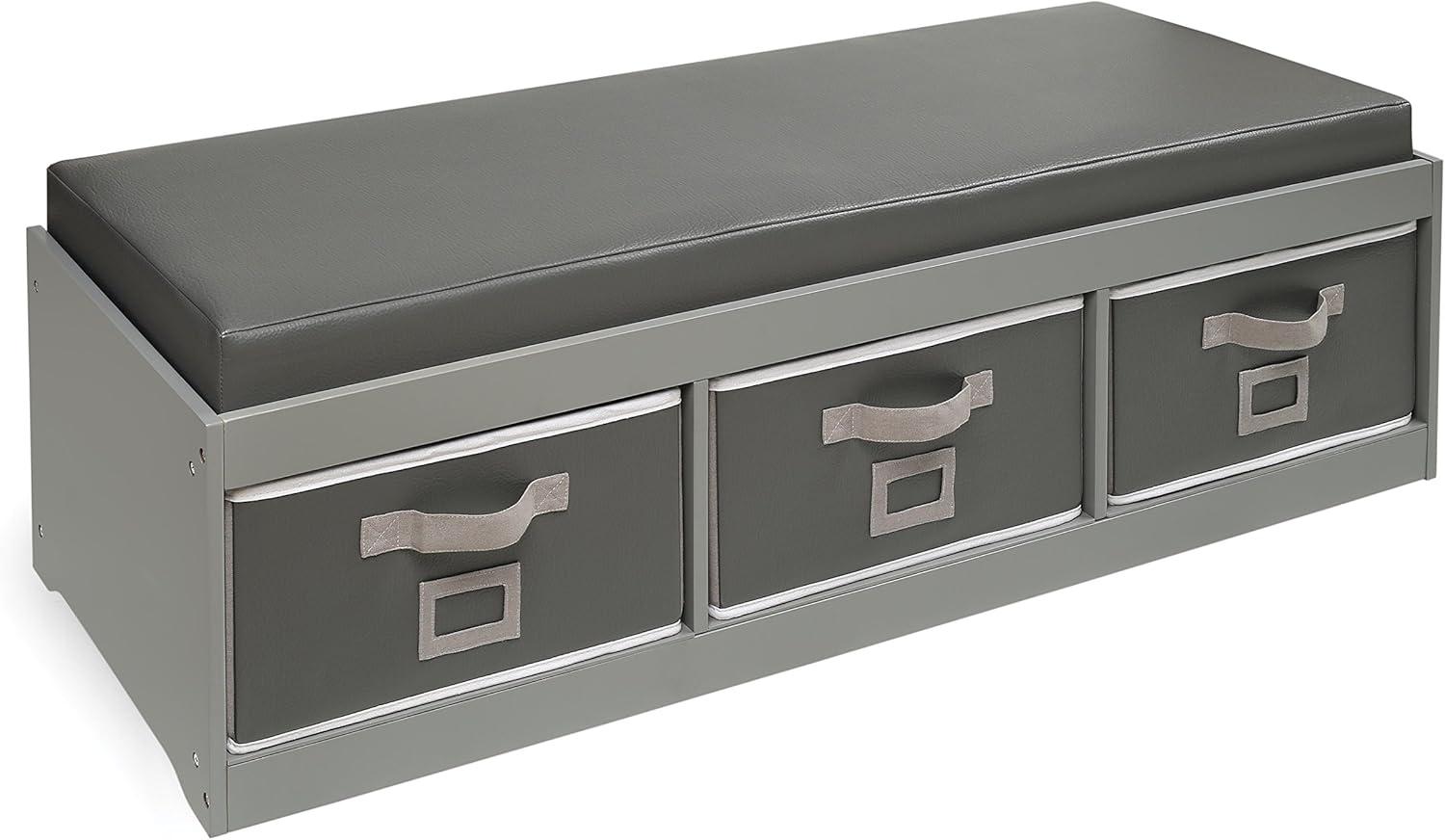 Badger Basket Kid's Storage Bench with Cushion and Three Bins - Gray