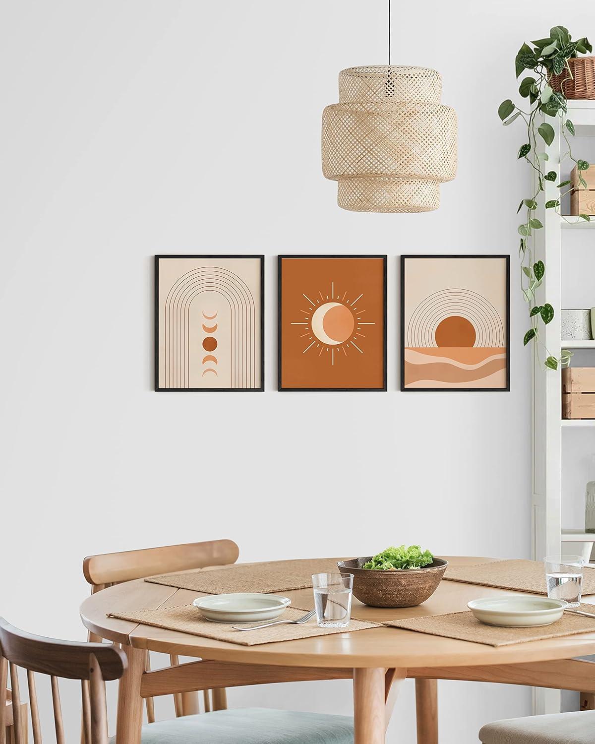 Mid Century Boho Sun and Moon Art Prints Set with Oak Frames