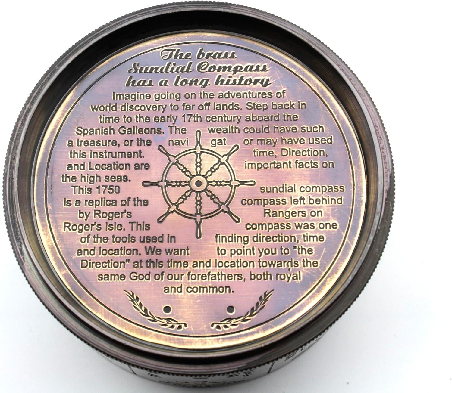 Vintage Brass Sundial Compass with Leather Case | Antique Marine Navigation Instrument & Engraved Calendar | Retro Pocket Compass for Outdoor Adventure, Collectors & Gifts