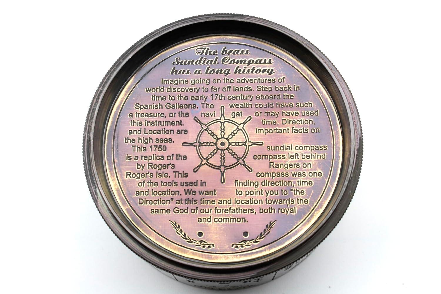 Vintage Brass Sundial Compass with Leather Case | Antique Marine Navigation Instrument & Engraved Calendar | Retro Pocket Compass for Outdoor Adventure, Collectors & Gifts