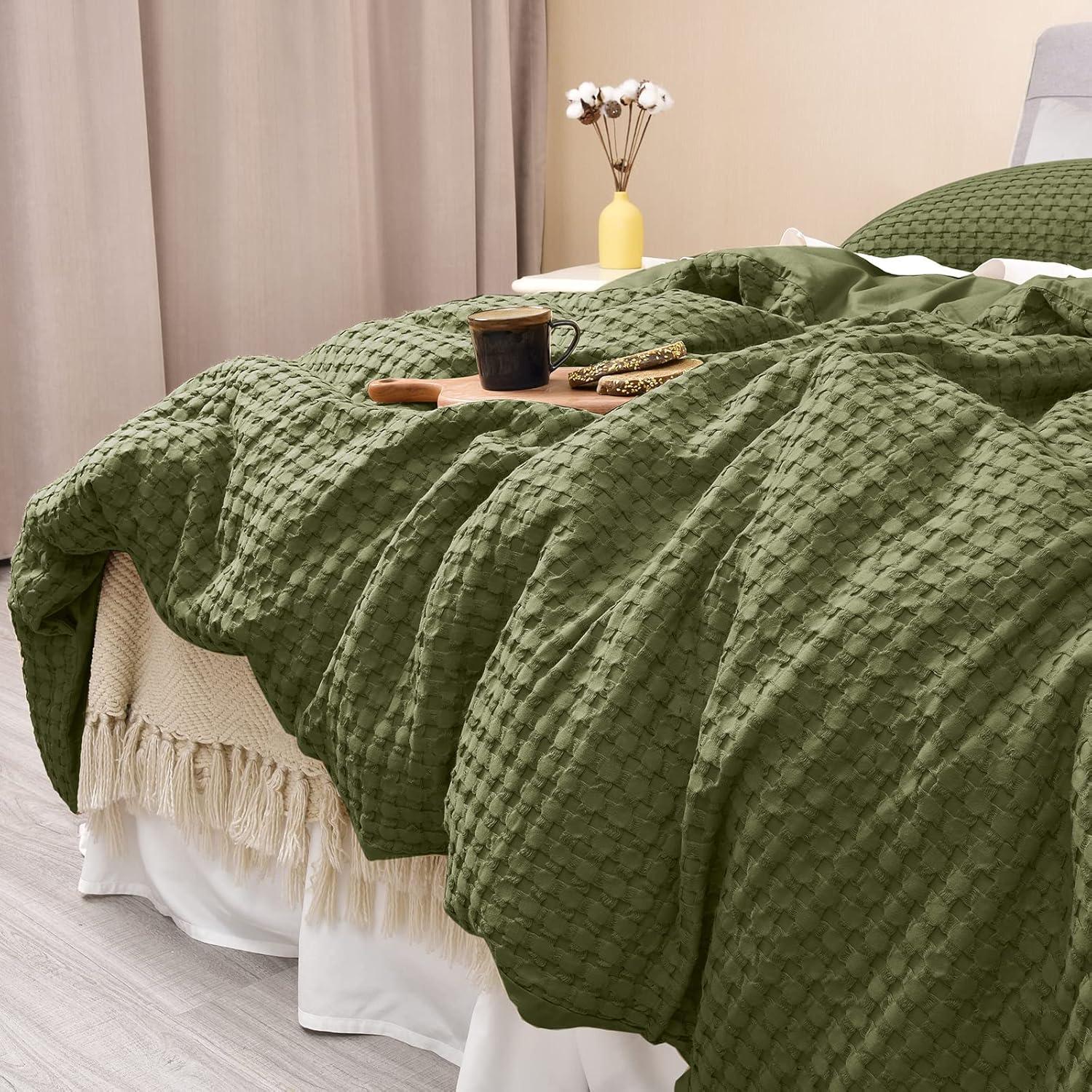 Olive Green Cotton Waffle King Duvet Cover Set