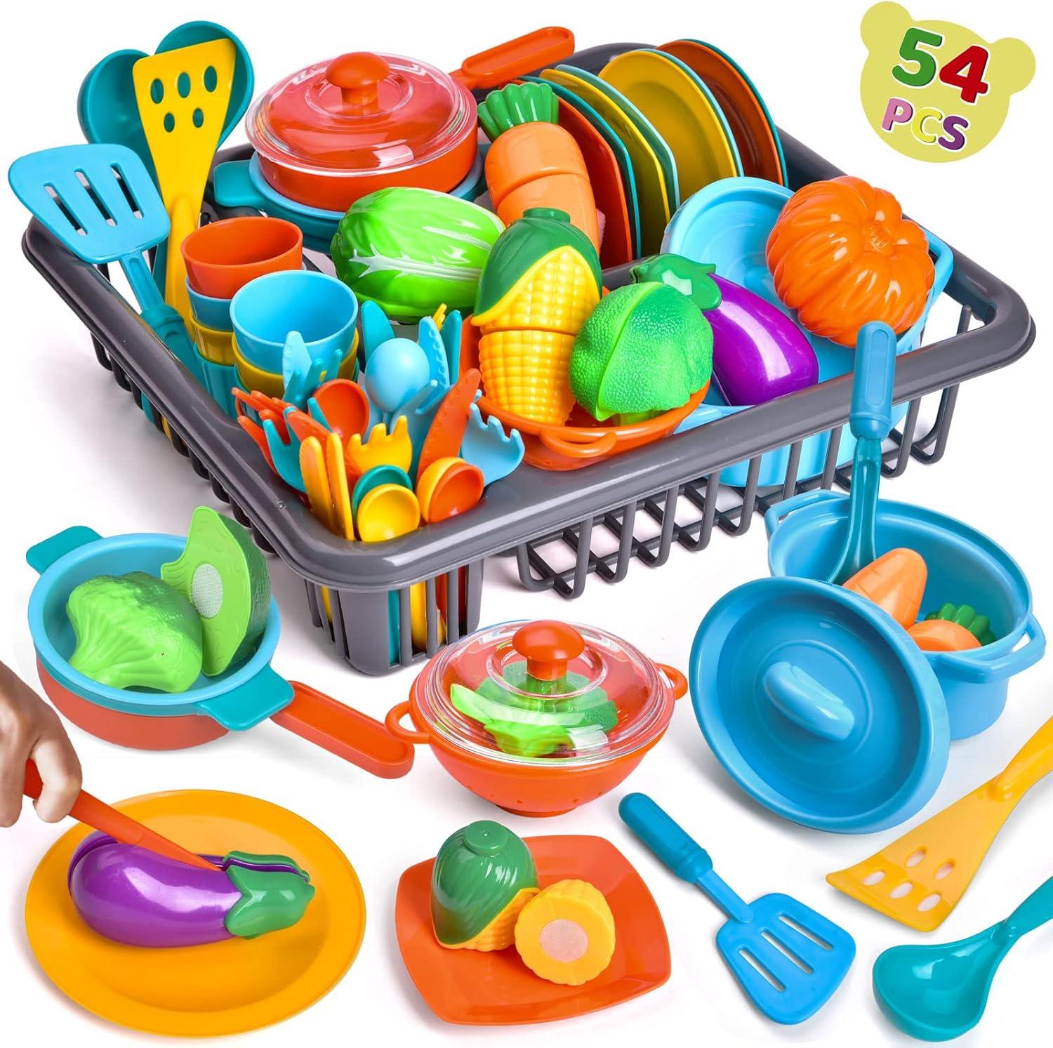 Fun Little Toys 54Pcs Play Dishes Set for Kids Kitchen, Pretend Play Pots, Pans & Food Toys, Toddler Cooking Set