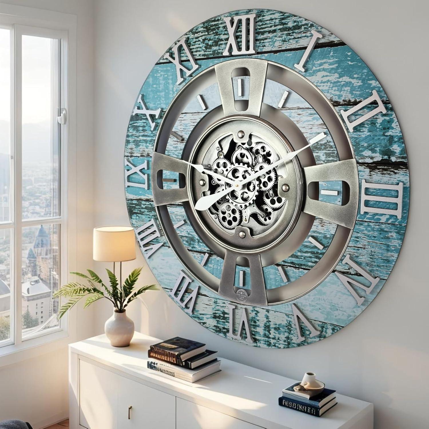 THE GEARS CLOCK Wall Clock with Real Moving Gears EN-LI_ 36 in Round Vintage-Black
