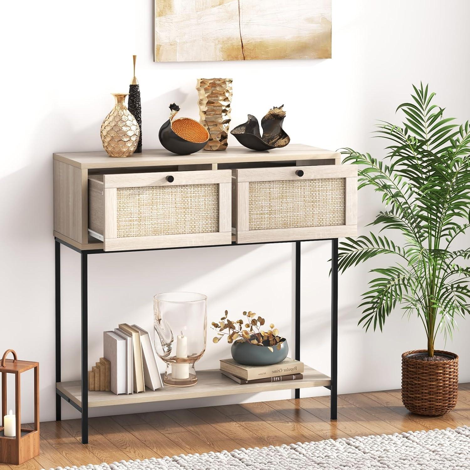 Tangkula Console Table Entryway Table Long Sofa Side Table w/ Open Shelf & Rattan Drawers