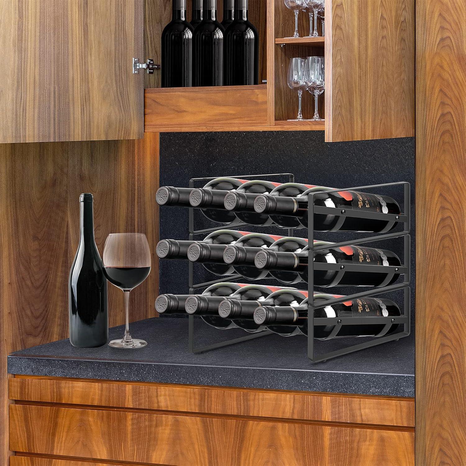 Black Metal 3-Tier Stackable Wine Rack for 12 Bottles