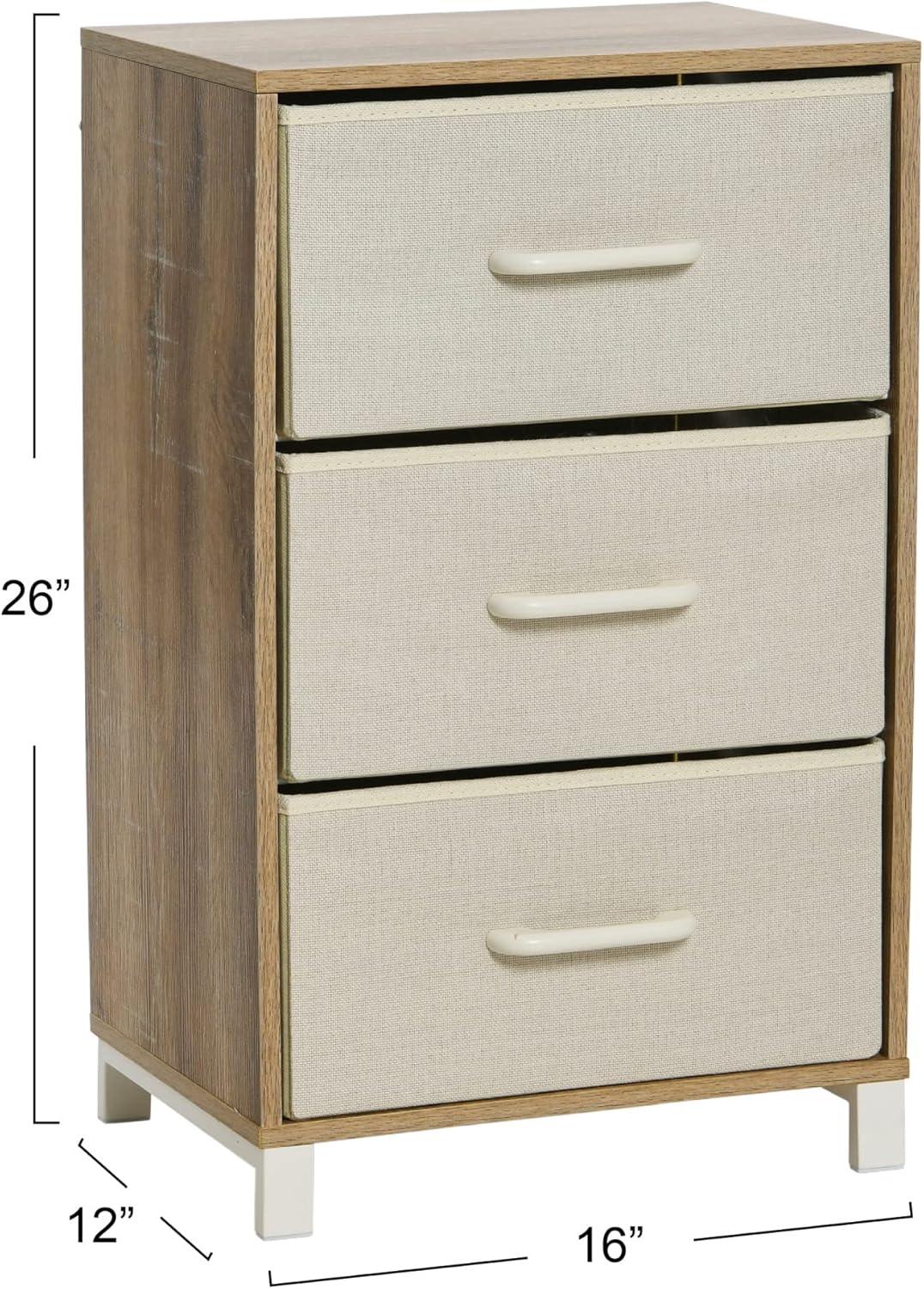 Household Essentials 3 Drawer Dresser, Narrow Storage Chest, Multi-Color Drawers, Wire Backing and Metal Feet, Wood Handles, Coastal Oak Laminate