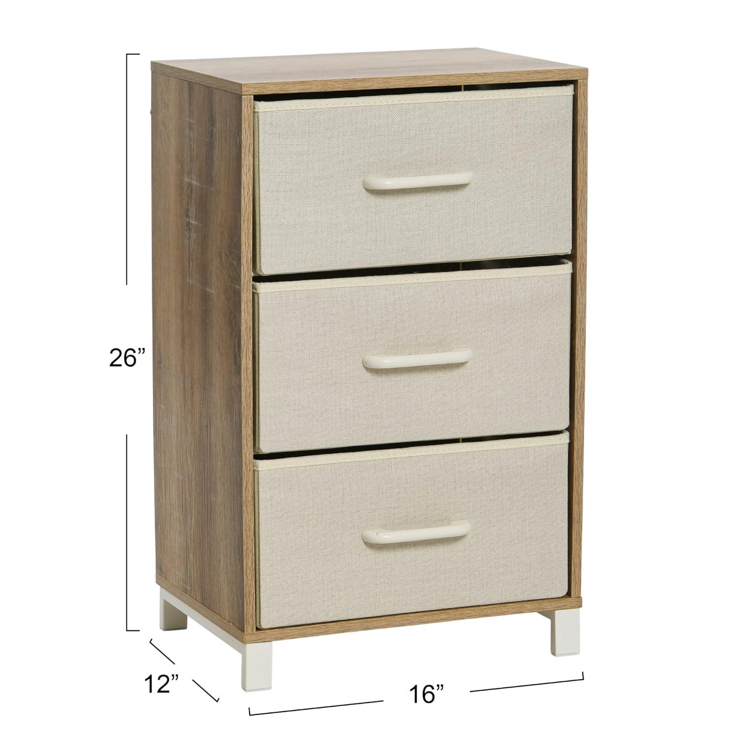 Household Essentials 3 Drawer Dresser, Narrow Storage Chest, Multi-Color Drawers, Wire Backing and Metal Feet, Wood Handles, Coastal Oak Laminate