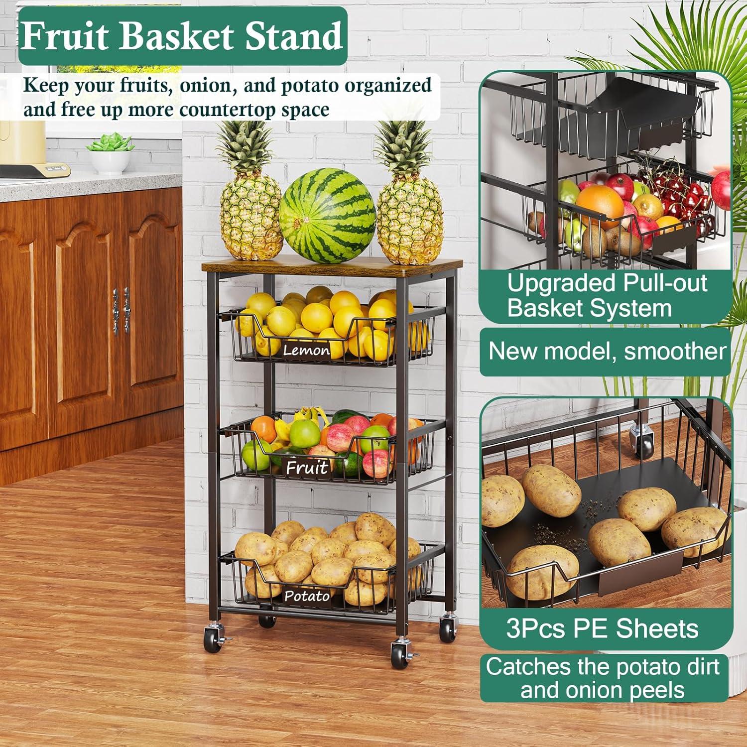 Small Kitchen Storage Cart On Wheels, Metal Fruit Basket Stand With Pull-Out Baskets & Wood Top For Potato Onion Produce Snack Veggies,(4-Tier /Black+ Rustic Board)