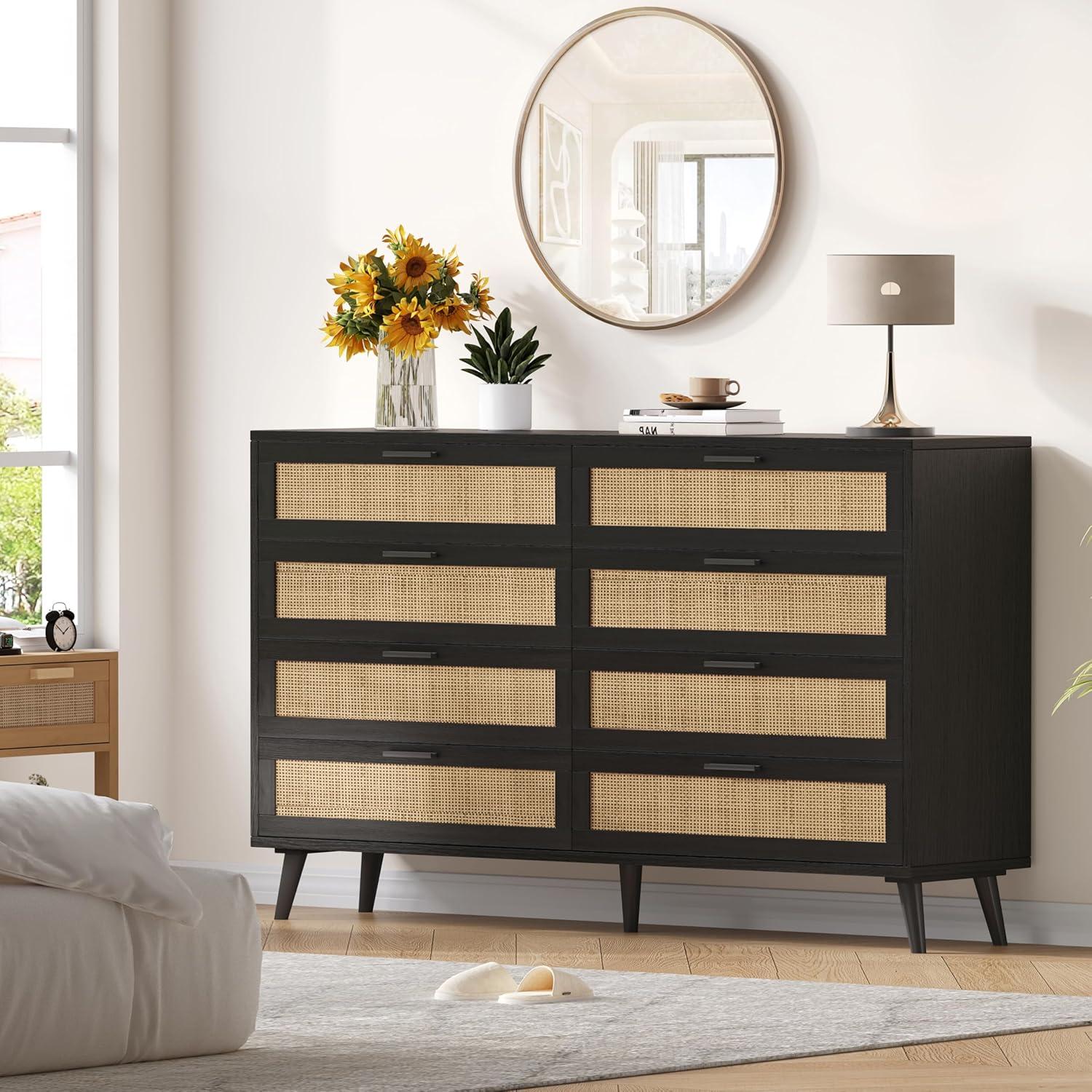 Black and Natural Double Dresser with Rattan Drawers