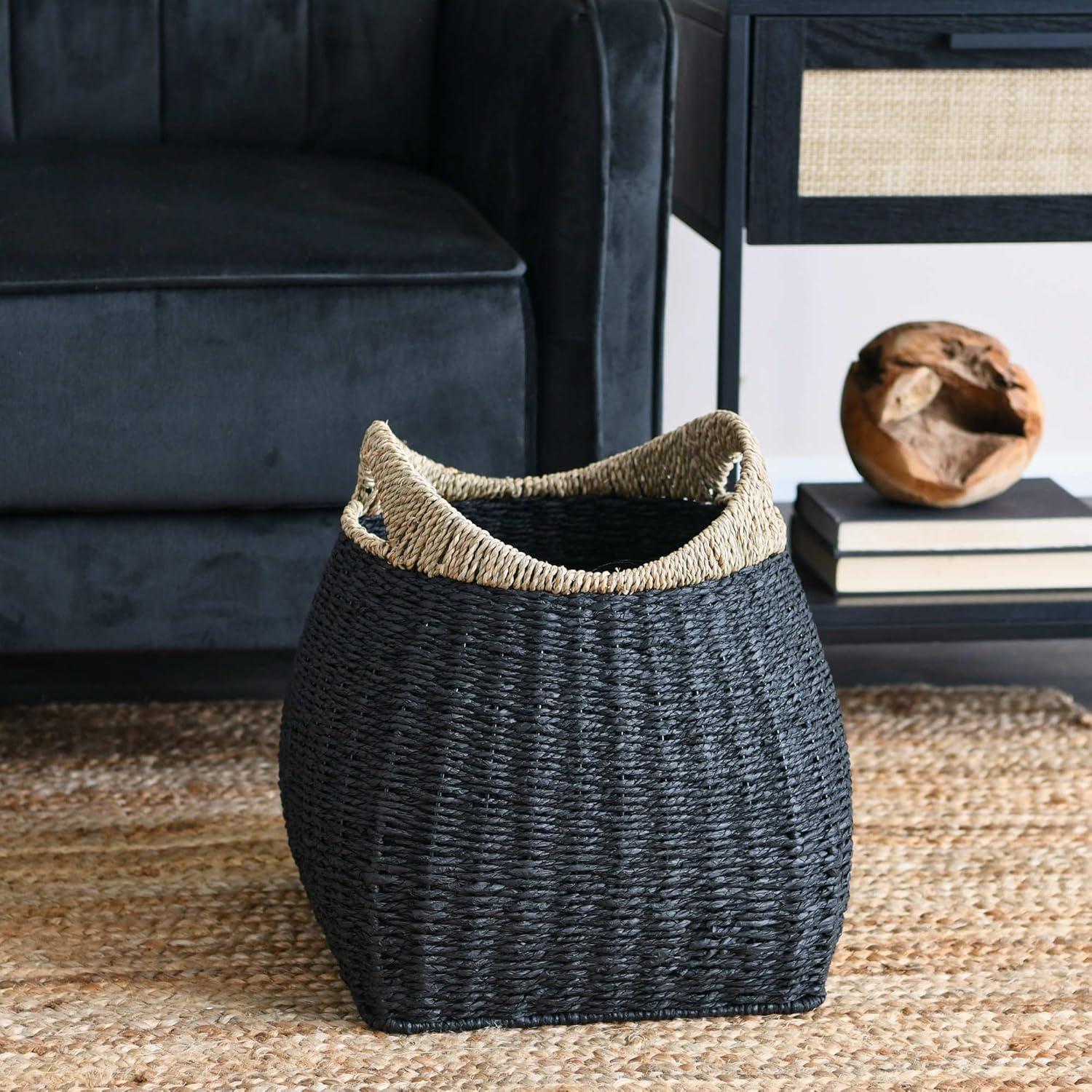 Household Essentials Basket with Handles Seagrass: Handwoven Round Storage, Brown Decorative Wicker, 14" Height