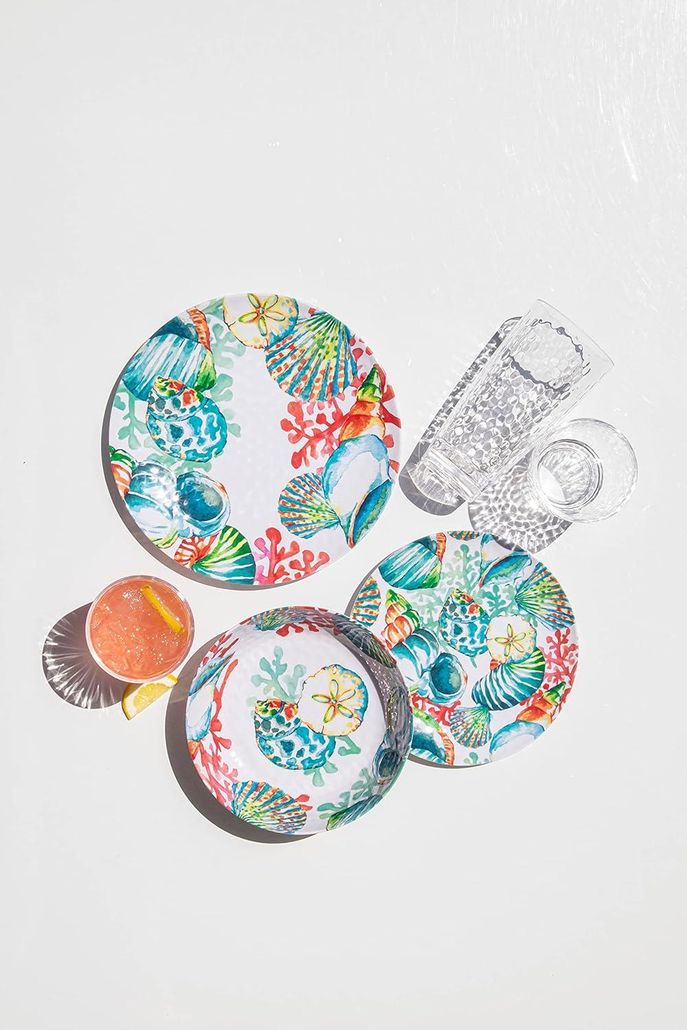 TarHong Sandbar Brights Ocean Themed Set of 4 Assorted Appetizer Plates, 6.8”, Pure Melamine, Shatterproof, Indoor/Outdoor
