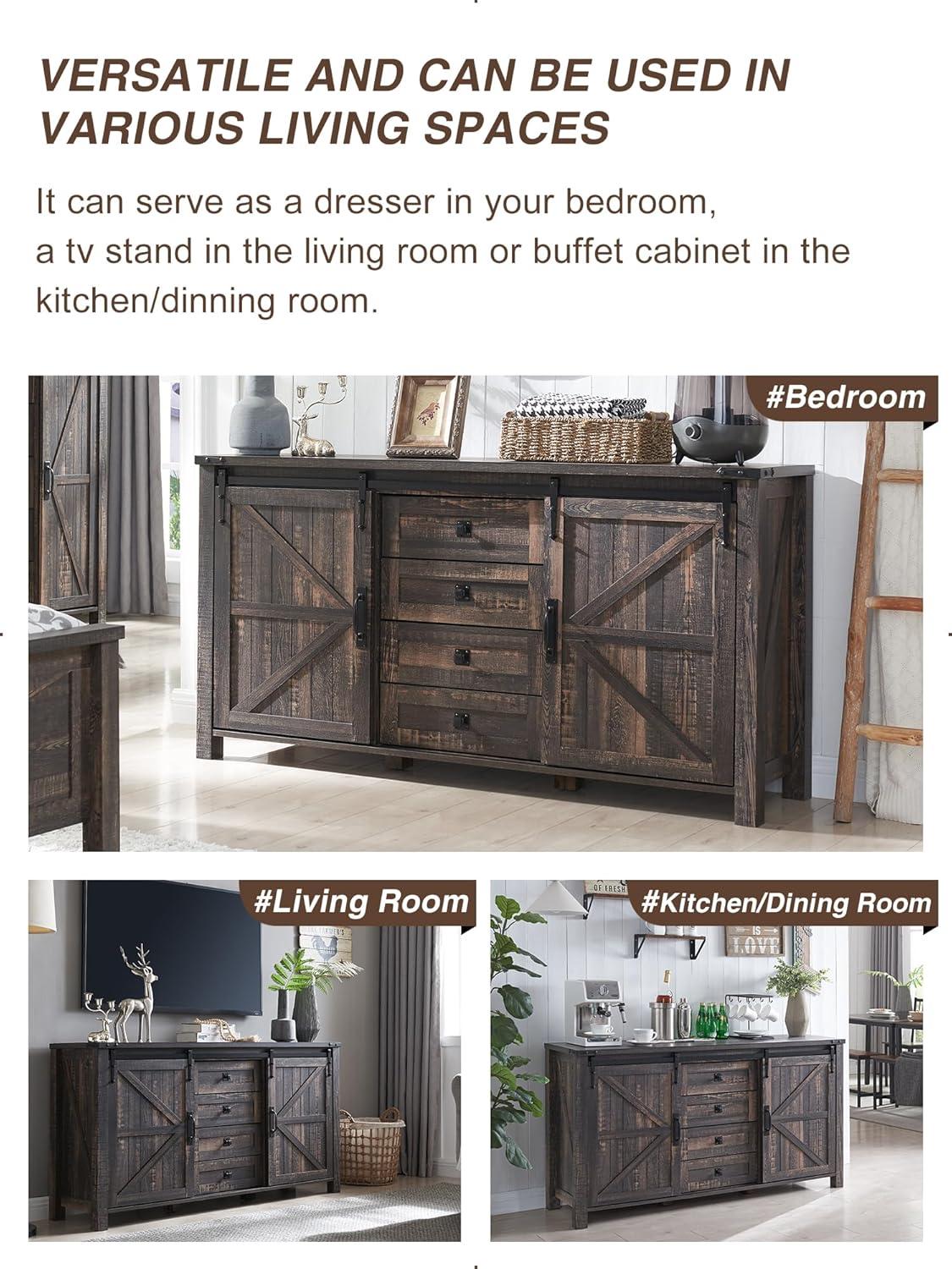 Texola 60" W Farmhouse Chest of Drawers, Wood Bedroom Dresser with 4 Drawers & Sliding Barn Doors