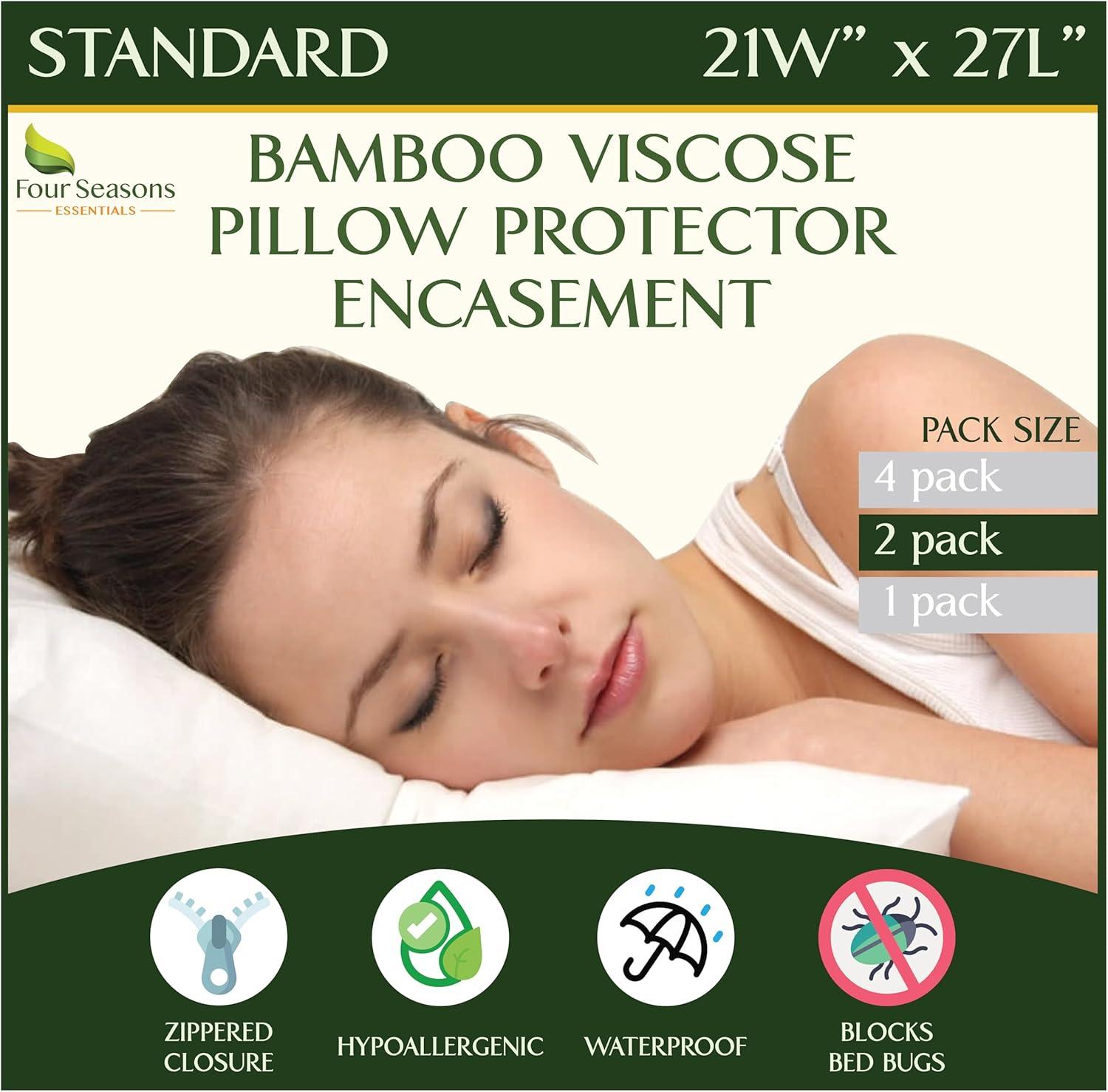 Four Seasons Essentials Standard Size Waterproof Pillow Protectors (Set of 2) - Natural Viscose derived from Bamboo Pillow Covers - Zippered Encasements for 20" x 26" Pillows