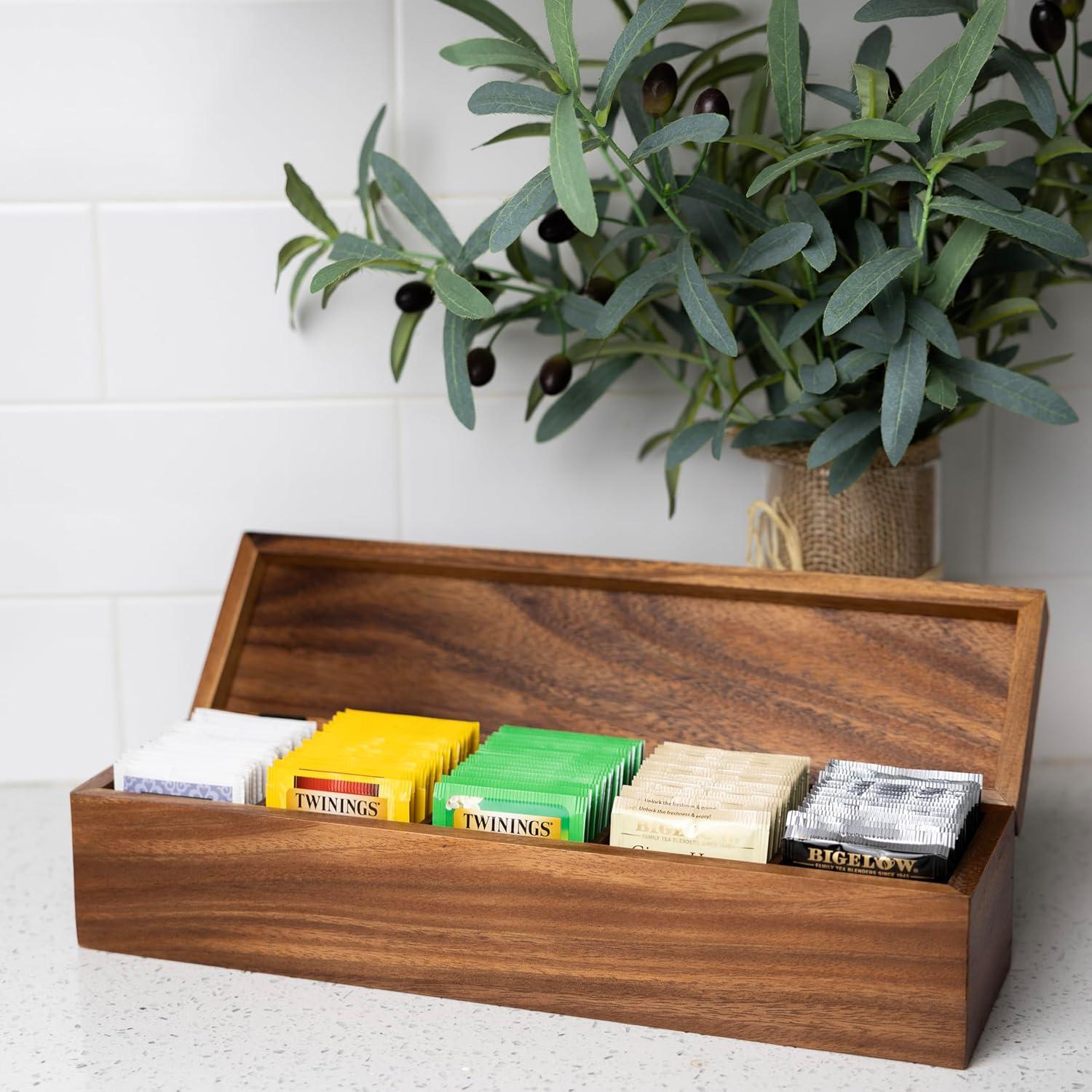 Large Acacia Wood Tea Box with 5 Compartments