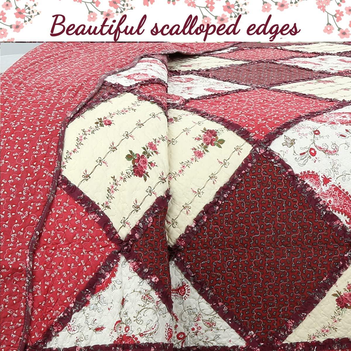 Vintage Cottage Floral Rose Flower Real Patchwork Cotton Bedding Quilt Set, Red, Queen - 3 Piece