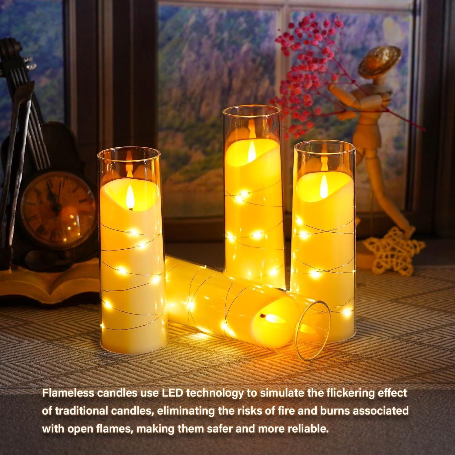 Flameless Candles with Embedded Star String, Battery Operated LED Pillar Candles with Timer and Remote Control,Home Decorating for Ambiance， Set of 9 (Ivory)
