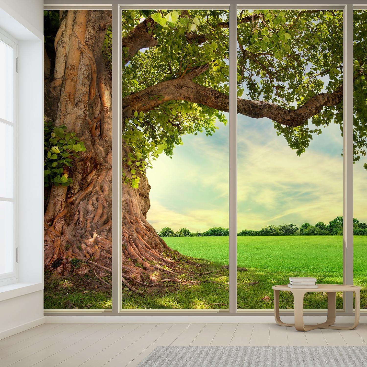 wall26 - Large Wall Mural - Old Tree and Meadow Seen Through Sliding Glass Doors | 3D Visual Effect Self-Adhesive Vinyl Wallpaper/Removable Modern Decorating Wall Art - 66"x96"