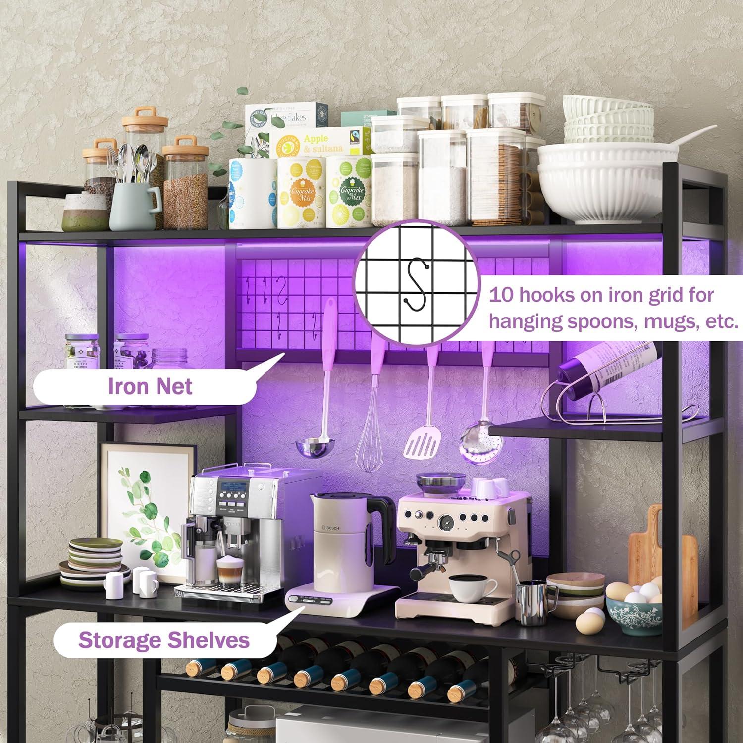 Ataucjin 55" 5-Tier Bakers Rack With Power Outlet And LED Light Kitchen Microwave Stand Farmhouse Coffee Bar Cabinet With Storage Shelf 10 Hooks Wire Basket Wine Rack For Spices Pots Pans