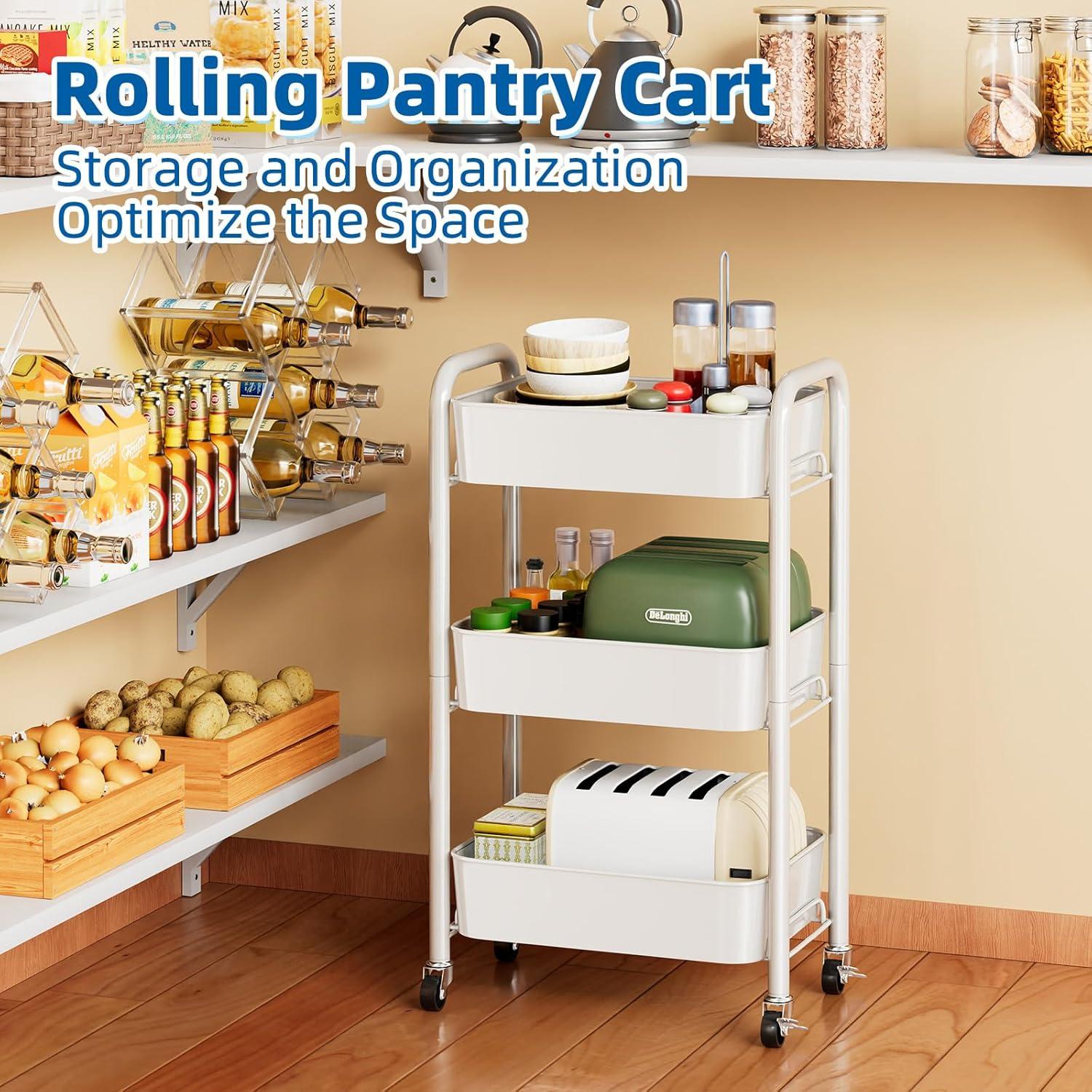 The three-tier metal utility cart is designed for convenient and efficient storage and transportation of various items.