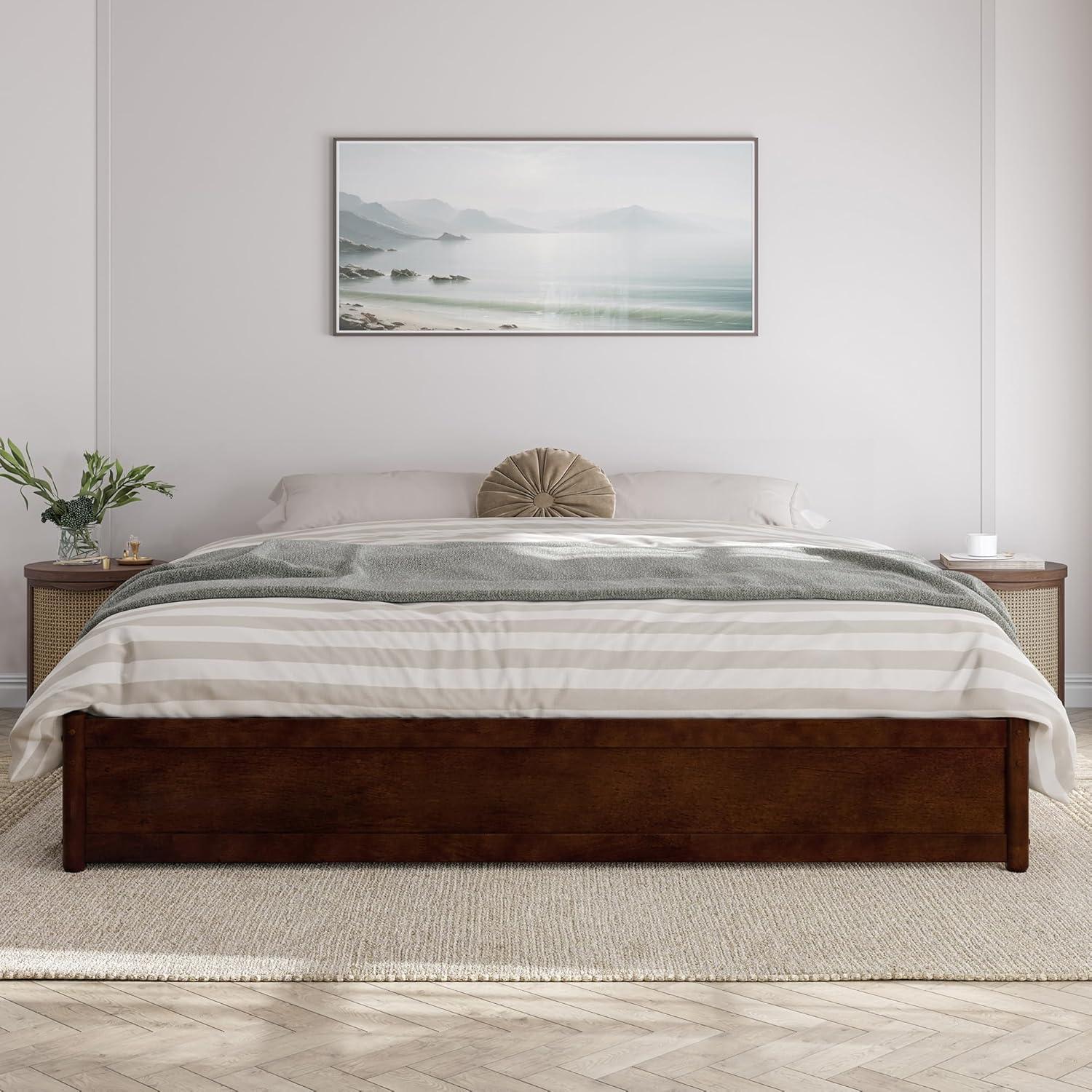 Barcelona King Solid Wood Panel Platform Bed with Storage Drawers in Walnut