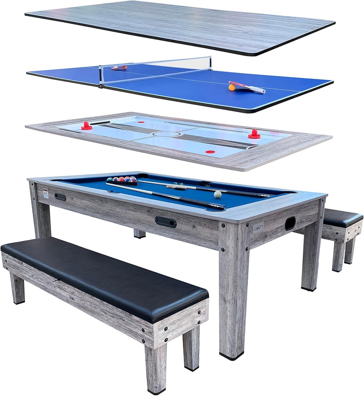 RACK Pool Tables Rack Luxor 7.5-Foot 4-In-1 Multi-Game Swivel Billiard/Pool Table (Blue Felt With 2 Bench)