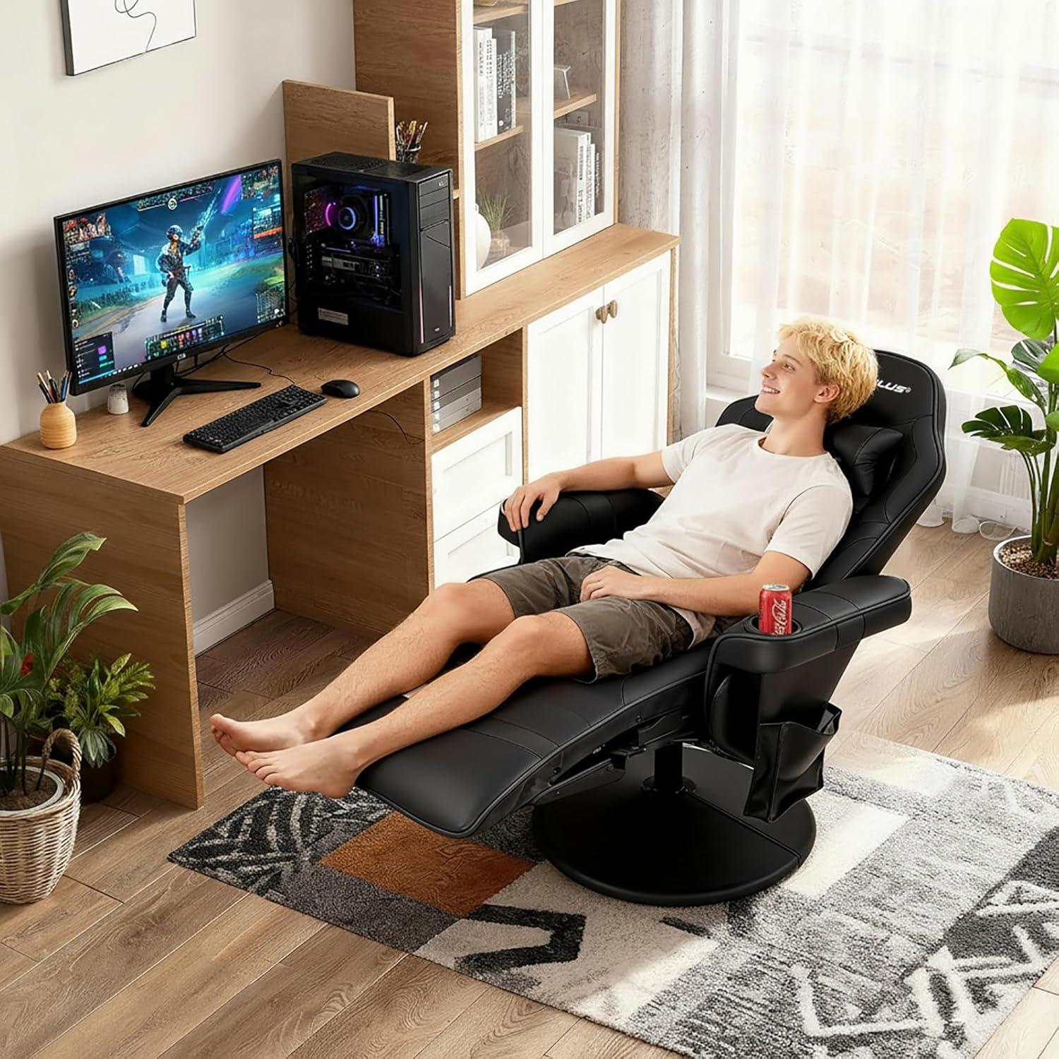 POWERSTONE Gaming Recliner Massage Gaming Chair with Footrest Ergonomic PU Leather Single Sofa with Cup Holder Headrest and Side Pouch, Adjustable Living Room Chair Seating, Black