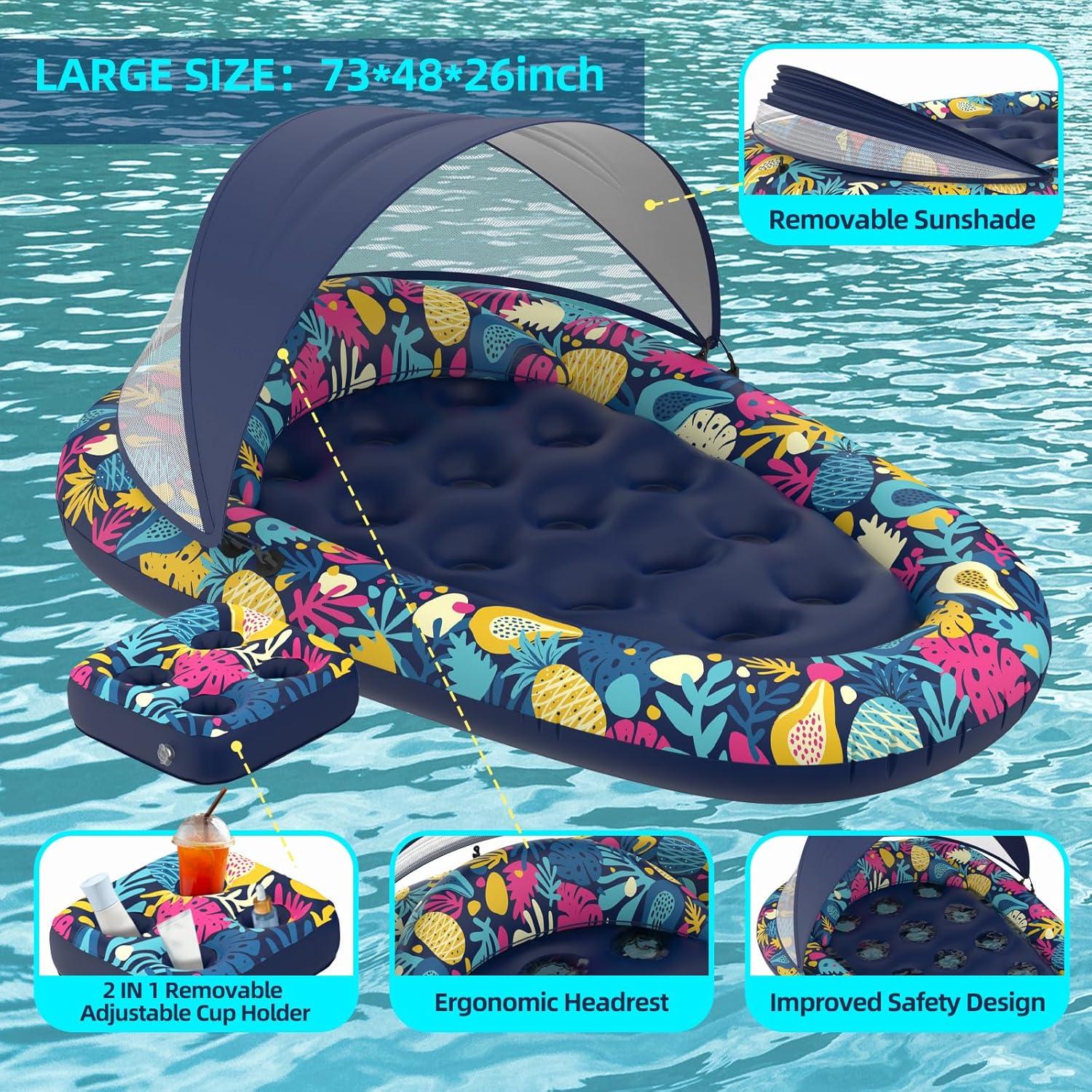 3-in-1 Pool Floats with Canopy Cup Holder, XL Large 73" x 48" Inflatable Pool Floats for Adults Lounger Raft Floating Chair for Swimming Pool Lake Water Lounge Float Beach Pool Party Toys
