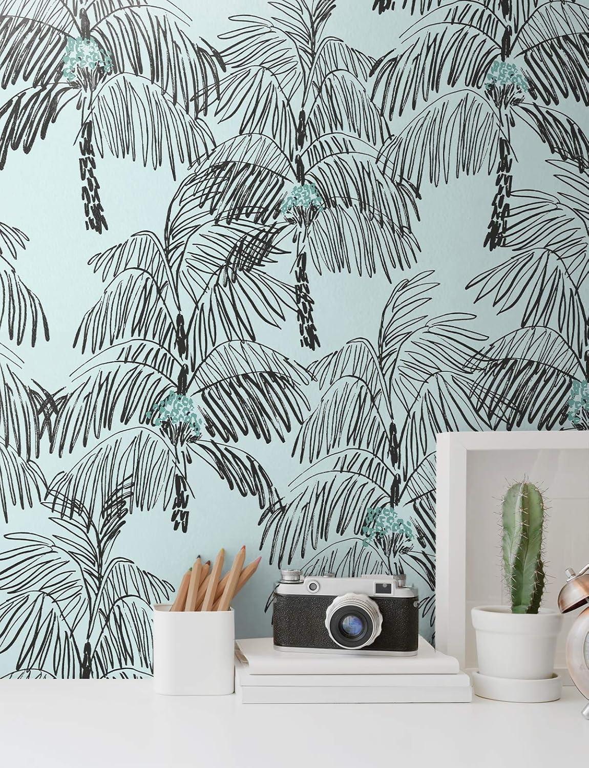 Sky Blue and Black Tropical Palm Peel and Stick Wallpaper