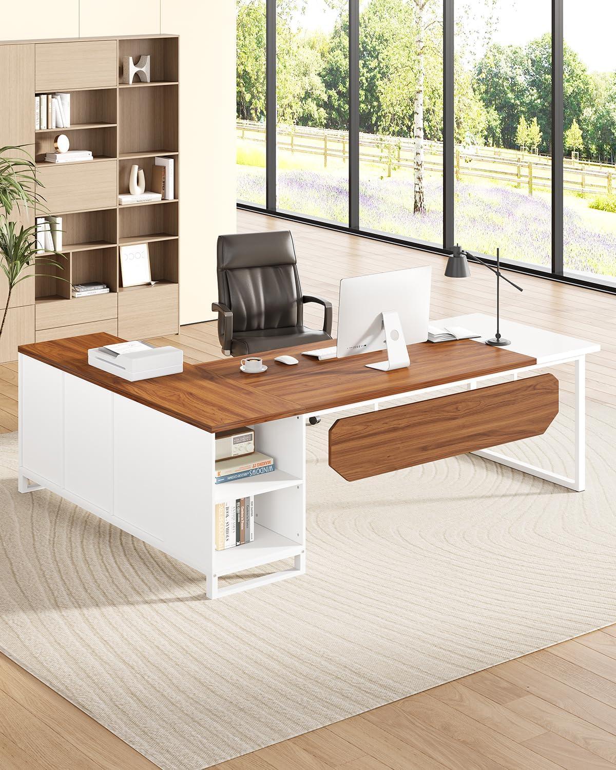 LITTLE TREE 70.8 Inches Executive Desk and 55 Inches File Cabinet Combo, Large L Shaped Computer Desk with Storage Cabinet and Shelves, Modern Business Furniture for Home Office, Rustic Brown & Black