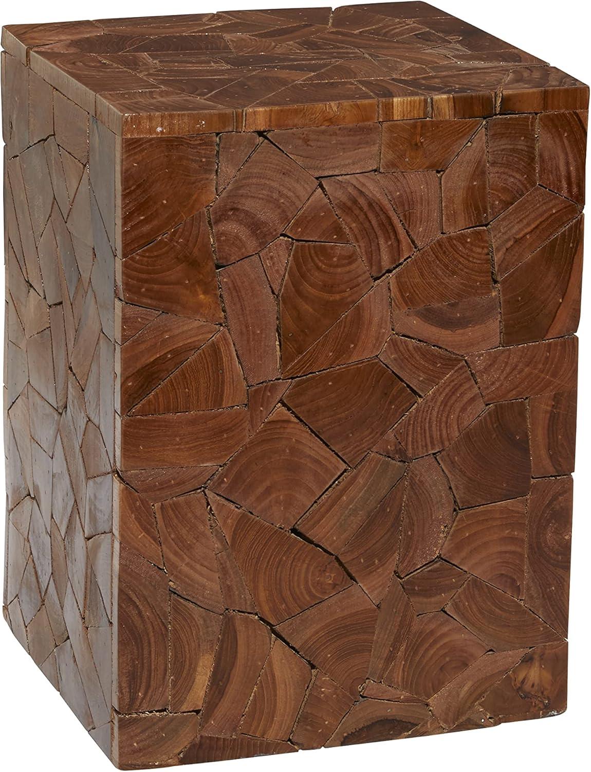 DecMode 12" x 16" Brown Teak Wood Handmade Accent Table with Mosaic Wood Chip Design, 1-Piece