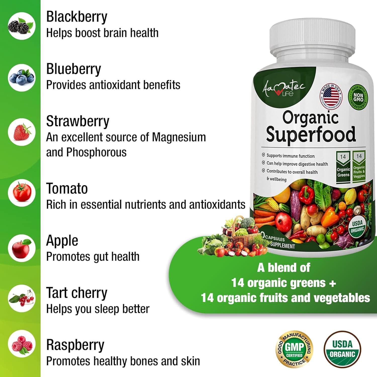 Organic Superfood Greens Fruits and Veggies Complex - Dietary Supplement with 14 Greens and 14 Fruits & Vegetables with Alfalfa Rich in Antioxidant Organic Ingredients Non-GMO 60 Capsules