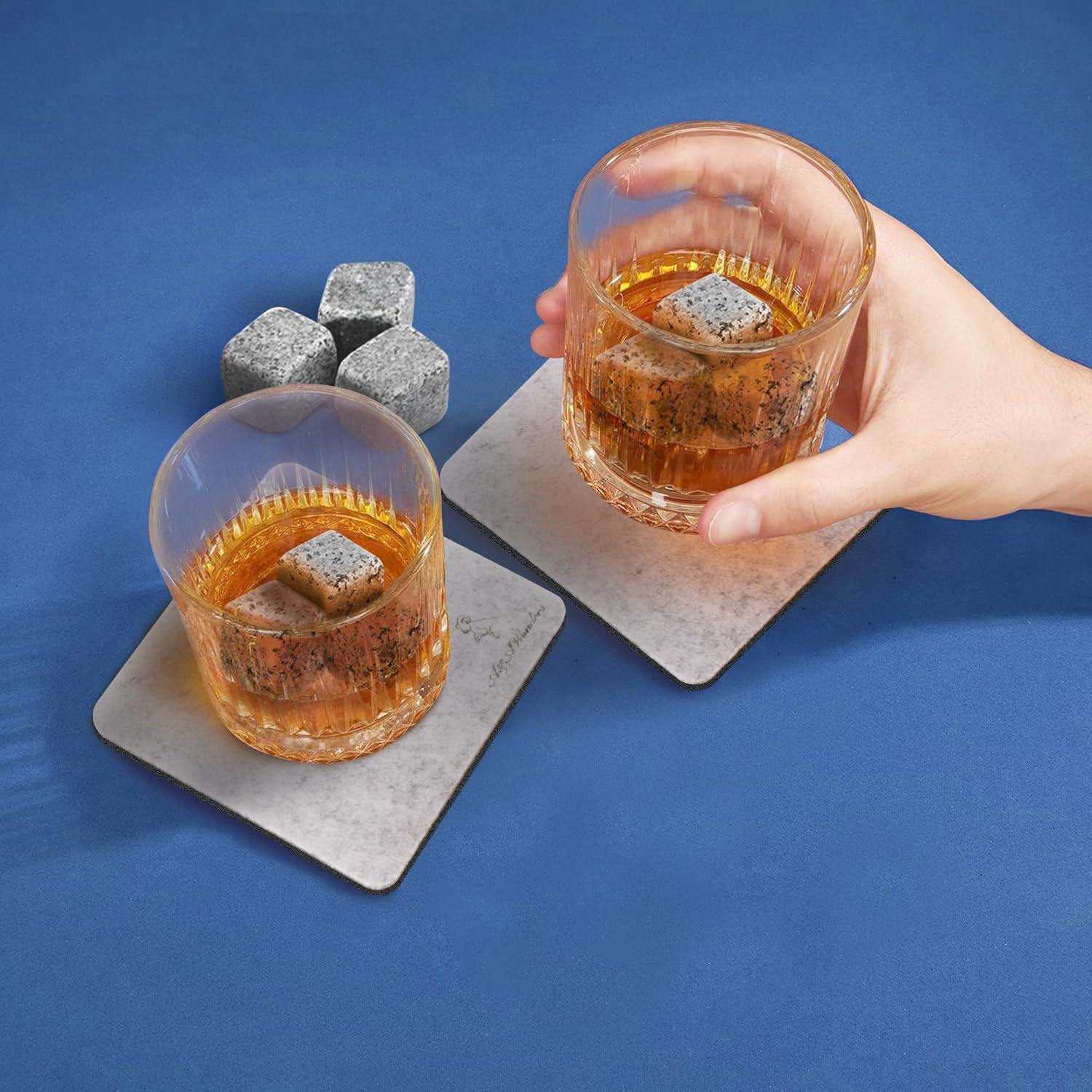 A&A Wonders Premium Whiskey Stones 100% Natural Granite Set of 4 Chilling Rocks Stone Reusable Ice Cubes for Drinks with Velvet Carrying Pouch, Gift for Whiskey Lovers