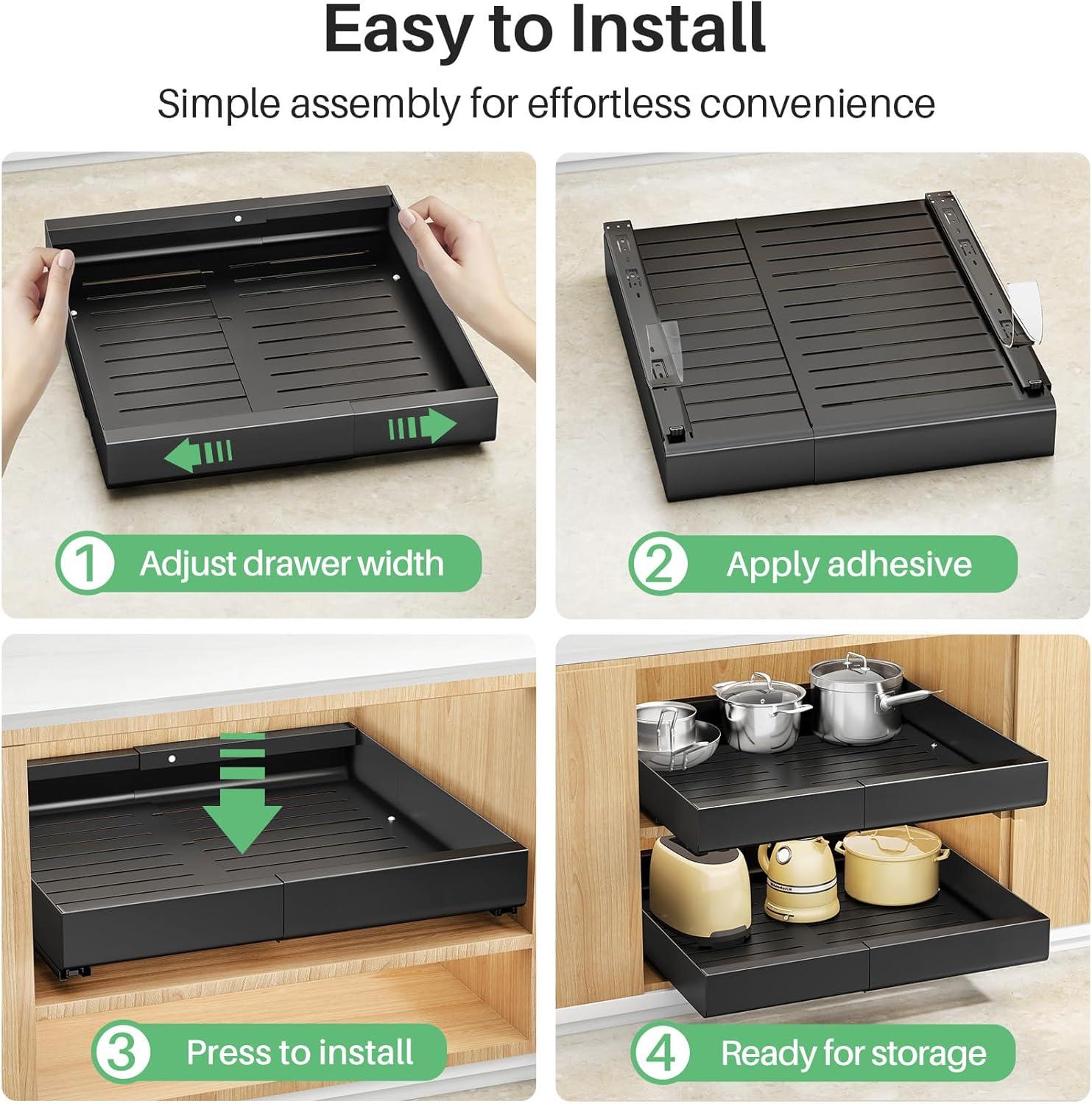 Pull out Cabinet Organizer, Expandable(11.7"-19.7") Heavy Duty Slide out Drawers Fixed with Adhesive Nano Film for Pots, Roll out Shelf Storage for Kitchen Base Cabinet Organization, Pantry