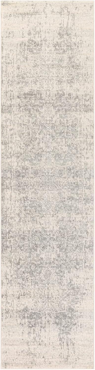 Gray Floral Motif Low Pile Runner Rug