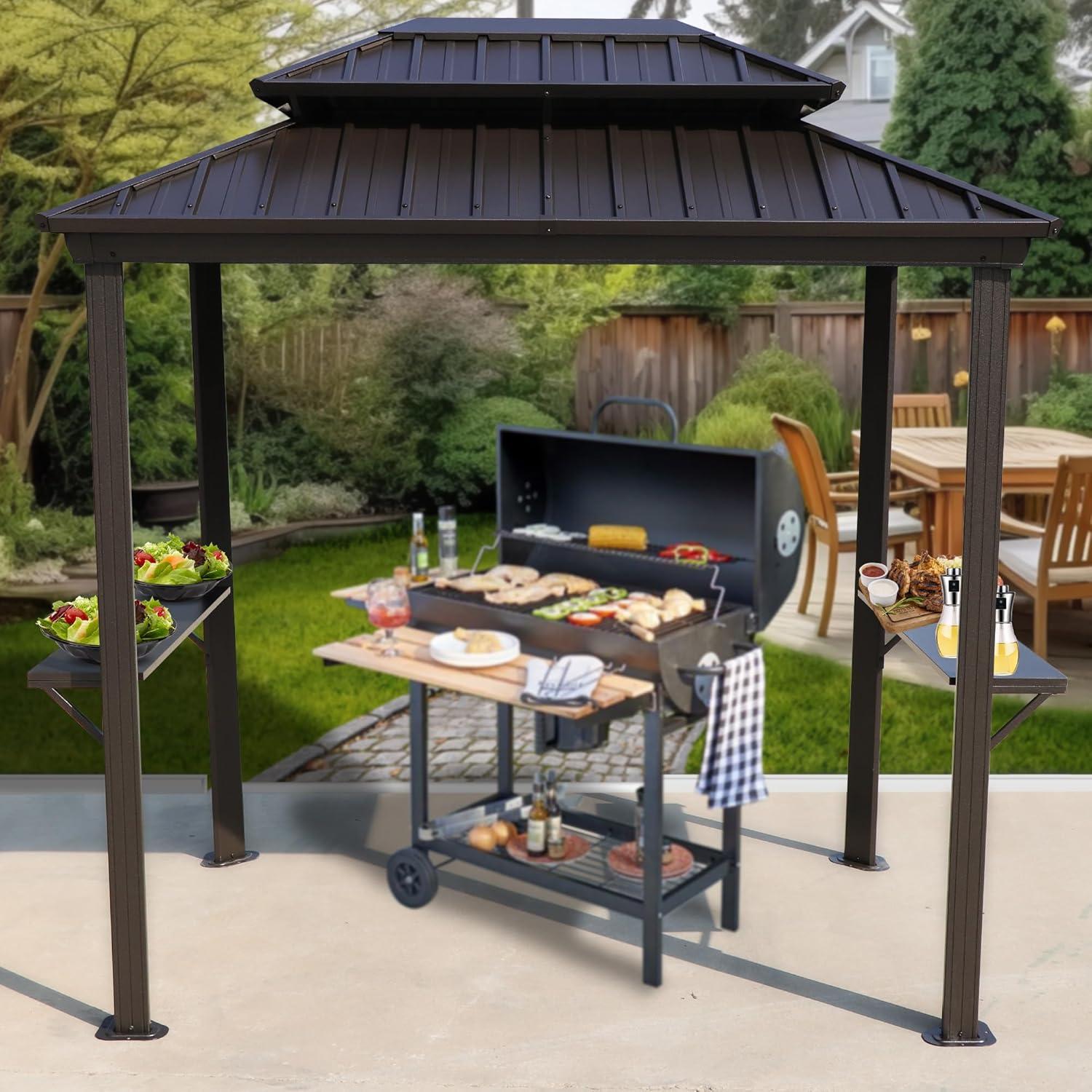 6x8 Brown Aluminum Hardtop Grill Gazebo with Side Shelves