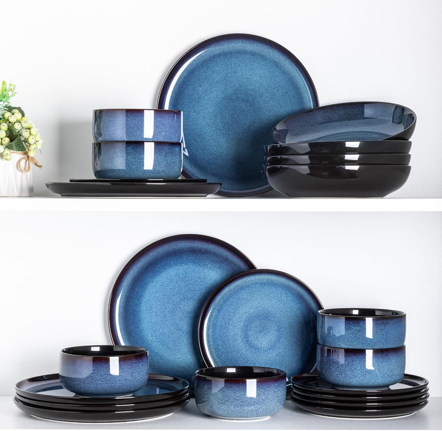 Tableware Set Of 4, Plates And Bowls Set, Handmade Reactive Glaze Cutlery Set, Chip And Scratch Resistant | Oven, Dishwasher And Microwave Safe, Set Of 4 Blue