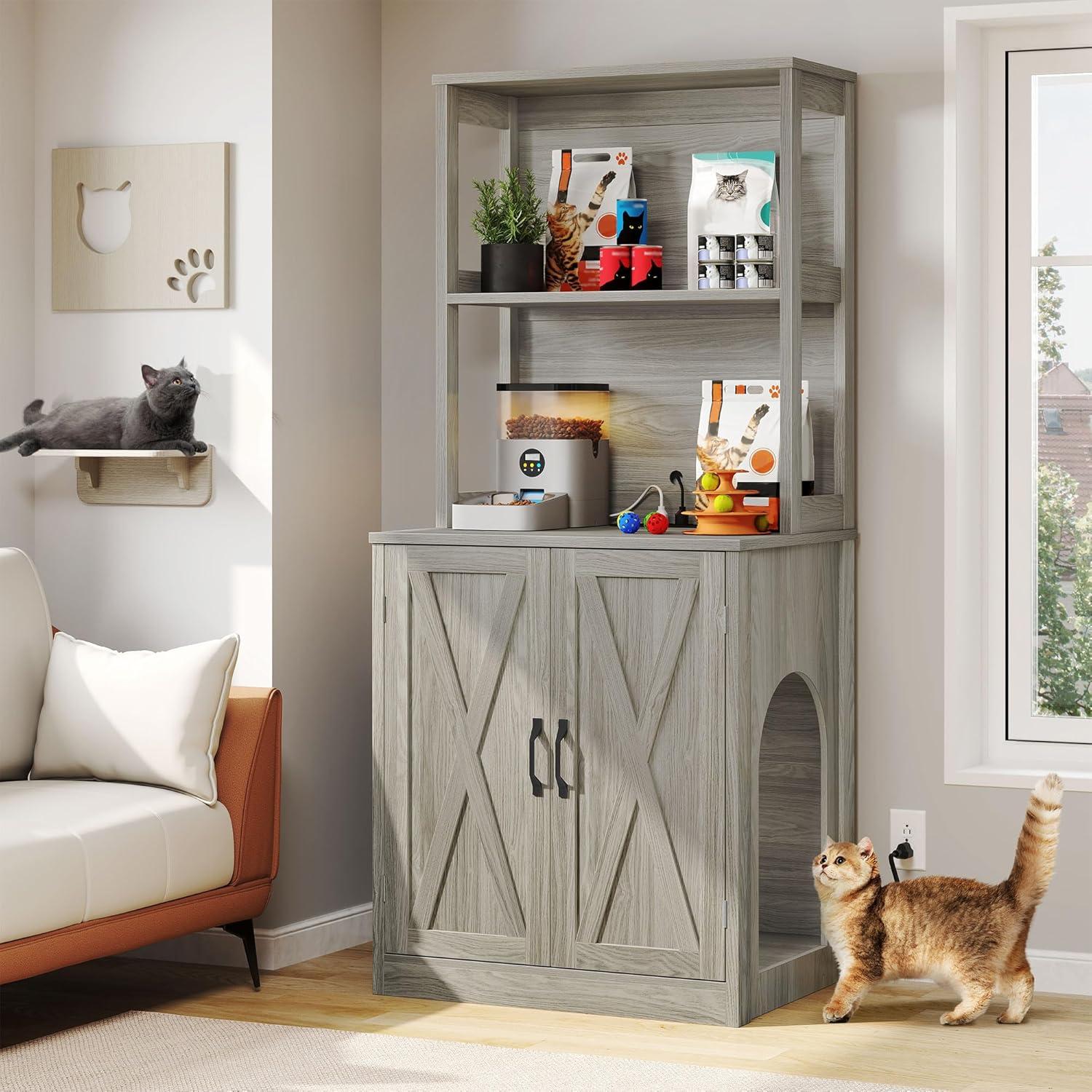 DWVO Large Hidden Cat Litter Box Enclosure Furniture with 2 Shelf Cat Washroom Storage with Charging Station，Wooden Cat Cabinet for Litter Box - Gray
