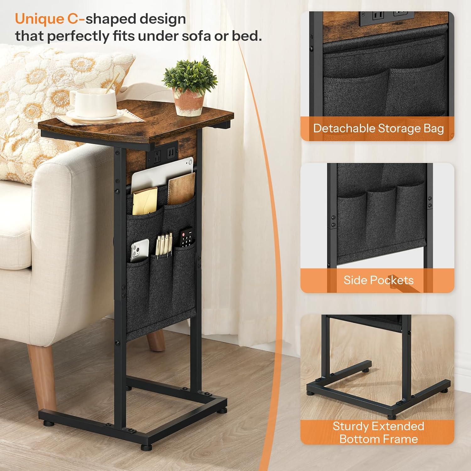 End Table Set of 2 with Charging Station and Storage Bag Side Table Living Room with USB Ports and Outlets Couch Tables That Slide Under, Small Snack Table for Small Spaces Brown