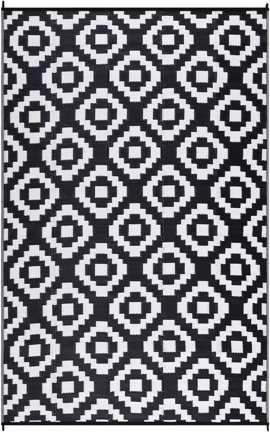 Garvee Waterproof Outdoor Rug 9'x12' Reversible Plastic Patio Rugs, Portable Modern Abstract Indoor Outdoor Carpet for Camping, Balcony, Deck, Backyard, Black & White, with Storage Bag