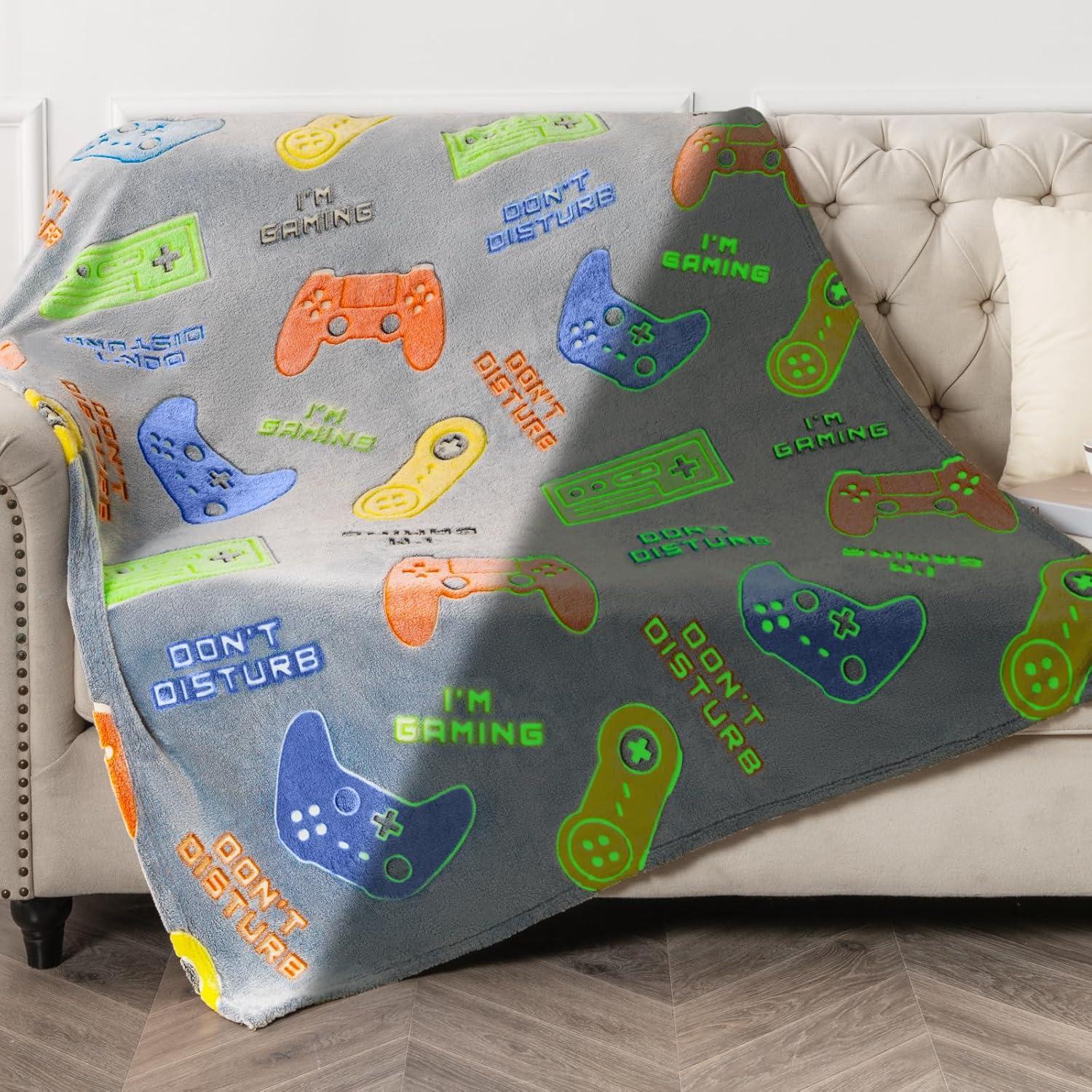 Glow in the Dark Gray Gaming Controller Blanket for Kids