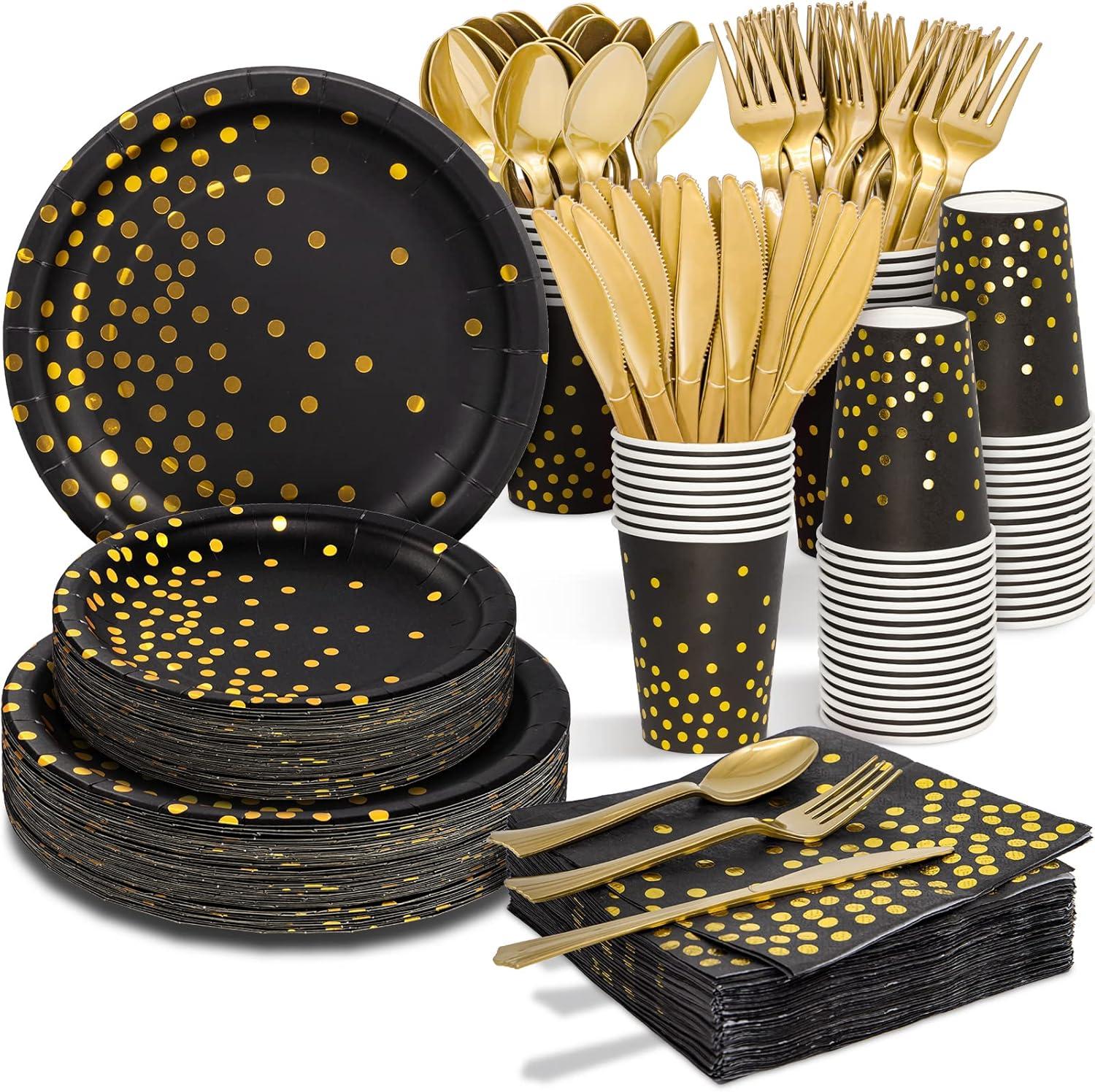 Black and Gold Party Supplies - 350 PCS Disposable Dinnerware Set - Black Paper Plates Napkins Cups, Gold Plastic Forks Knives Spoons for Birthday Christmas Halloween Thanksgiving New Years Eve Party