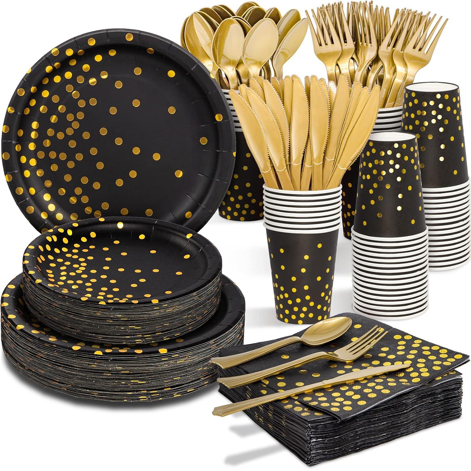 Black and Gold Party Supplies - 350 PCS Disposable Dinnerware Set - Black Paper Plates Napkins Cups, Gold Plastic Forks Knives Spoons for Birthday Christmas Halloween Thanksgiving New Years Eve Party